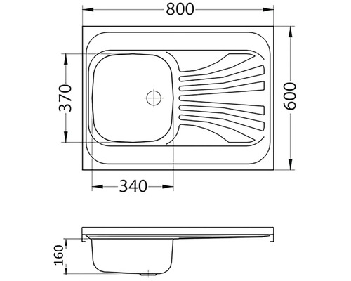 Technický výkres dřezu s rozměry.