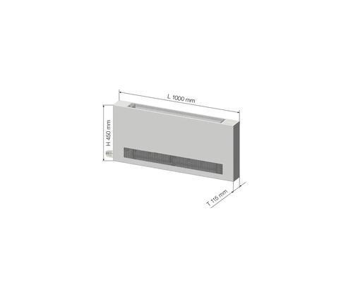 Podlahový konvektor o rozměrech délka 1000 mm, výška 450 mm, hloubka 115 mm.