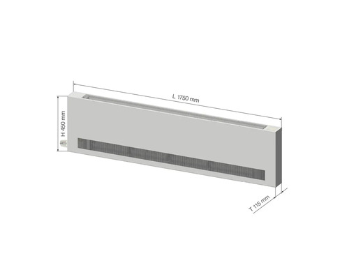 Konvektorový radiátor o rozměrech délka 1750 mm, výška 450 mm a hloubka 115 mm.