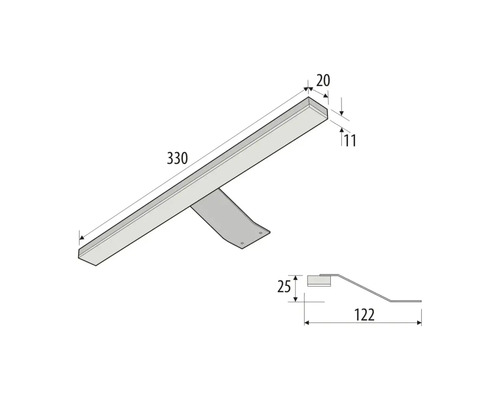 Technický nákres 330 milimetrů dlouhého kovového úhelníku s rozměry 20 krát 11 milimetrů