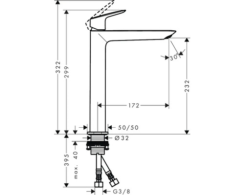 Technický výkres vodovodní baterie s rozměry