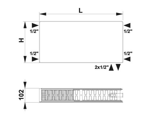Deskový radiátor Rotheigner Plan 22 300 x 2600 mm 6 přípojek (spodní nebo boční) Technický výkres radiátoru s rozměry