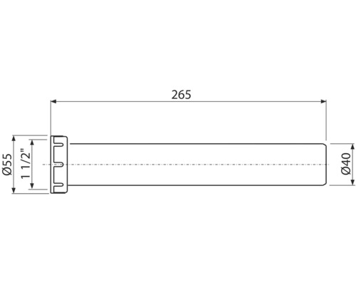 Technický výkres trubky o rozměrech 265 mm délka, 55 mm a 40 mm průměr.