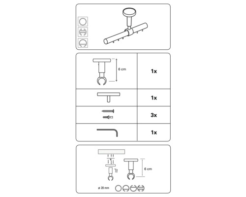Výkres stropní záclonové tyče s příslušenstvím a rozměry