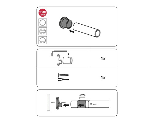 Montážní návod pro záclonovou tyč o průměru 20 milimetrů.