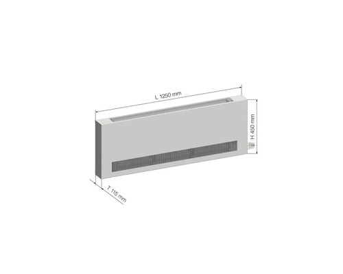 Konvektor o rozměrech délka 1250 mm, výška 450 mm a hloubka 115 mm
