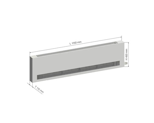 Konvektor radiátoru o rozměrech délka 1750 mm, výška 450 mm a hloubka 115 mm.