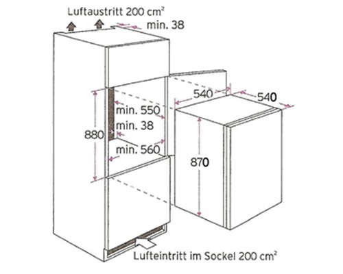Rozměry vestavěné skříně s výstupem a vstupem vzduchu