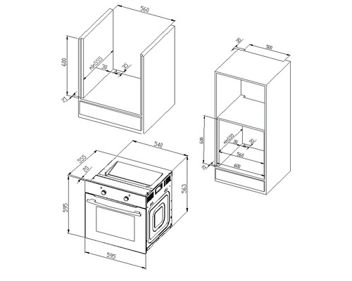 Rozměrový nákres trouby a souvisejících kuchyňských skříněk