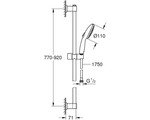 Technický výkres sprchové tyče s ruční sprchou a rozměry.