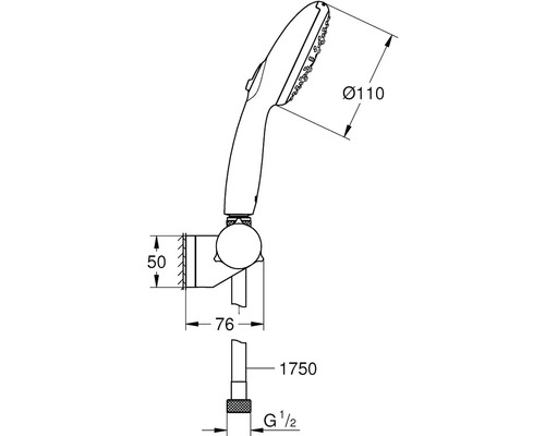 Technický nákres ruční sprchy s rozměry