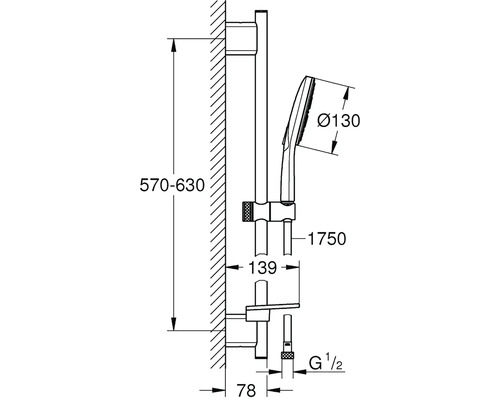 Technický nákres sprchové tyče s ruční sprchou a rozměry