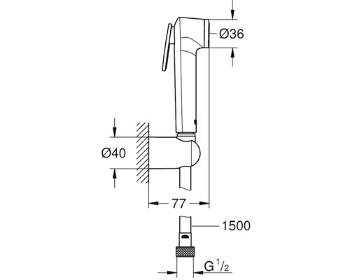 Technický výkres bidetové sprchy s rozměry