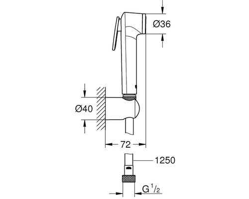 Technický nákres bidetové sprchy s rozměry