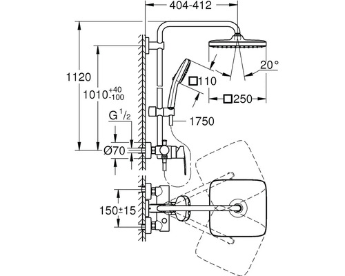 Technický nákres sprchové baterie s rozměry