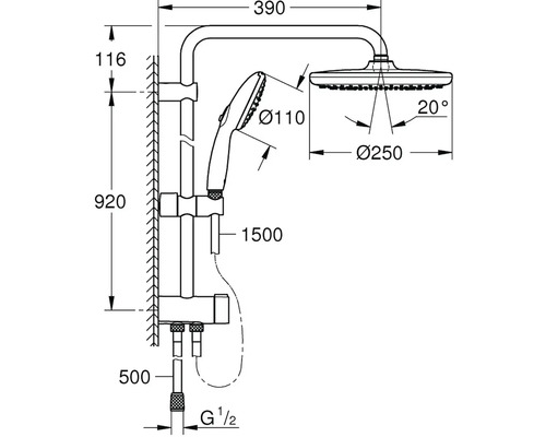 Technický výkres sprchového systému s ruční a hlavovou sprchou, včetně rozměrů.