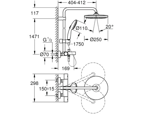 Technický nákres sprchové soupravy s rozměry