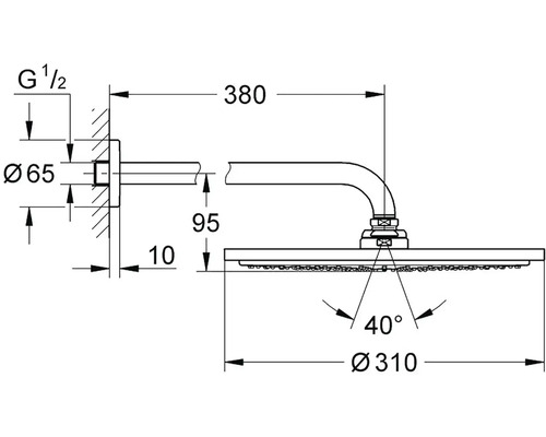 Technický výkres sprchové hlavice s rozměry