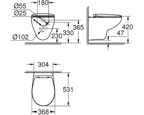 Technický nákres toalety s rozměry