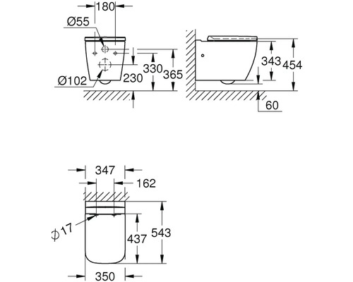 Technický výkres závěsného WC s rozměry.