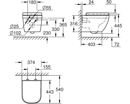 Technický nákres závěsného WC s rozměry