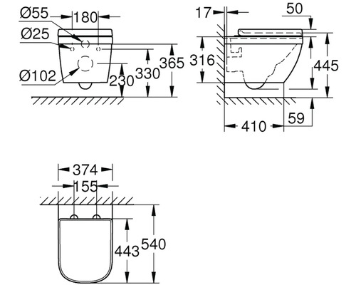 Technický výkres závěsného WC s rozměry