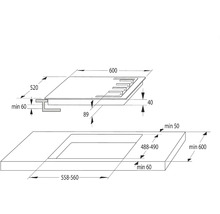 Rozměrový nákres varné desky o rozměrech 600 x 520 milimetrů a výřezu 558 až 560 x 488 až 490 milimetrů
