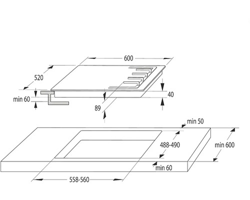 Rozměrový nákres varné desky o rozměrech 600 x 520 milimetrů a výřezu 558 až 560 x 488 až 490 milimetrů