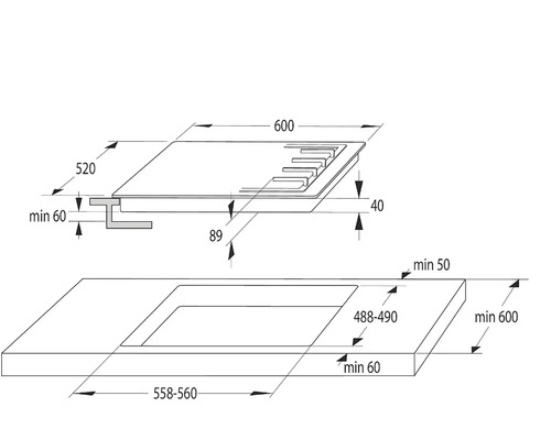Technický nákres varné desky s rozměry