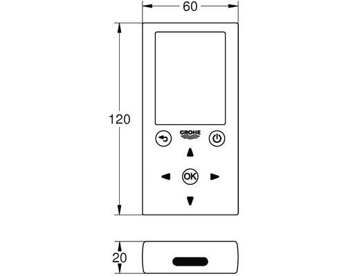 Technický nákres ovládacího panelu Grohe s rozměry
