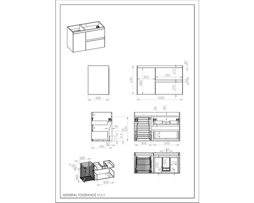 Technický výkres skříňky pod umyvadlo s rozměry