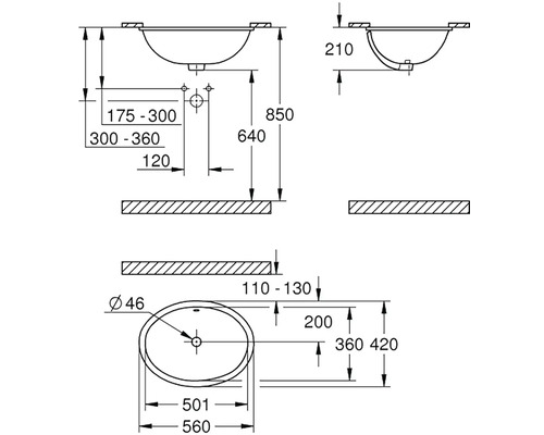 Technický nákres umyvadla s rozměry
