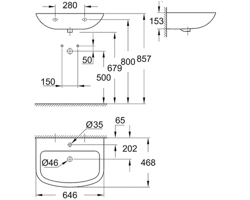 Technický výkres umyvadla s rozměry