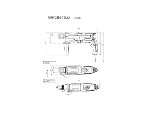 Technický výkres vrtačky Metabo UHEV 2860-2 Quick s rozměry