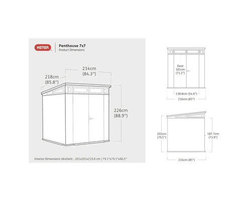 Rozměry produktu Keter Penthouse 7x7 s rozměrovými údaji