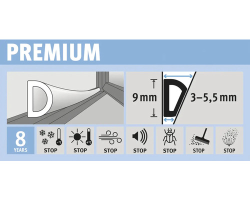 Těsnicí profil o rozměrech 9 mm a 3 až 5,5 mm, zastavuje chlad, horko, vítr, hluk, hmyz, nečistoty a pyl, záruka 8 let