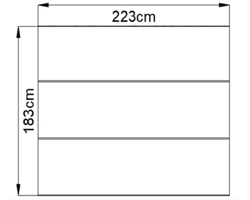 Technický výkres s rozměry: šířka 223 cm a výška 183 cm.