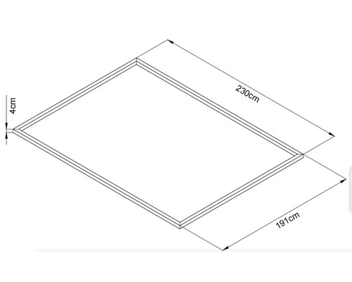 Obrázek obdélníkového dřevěného rámu o rozměrech 230 cm x 191 cm a tloušťce rámu 4 cm.