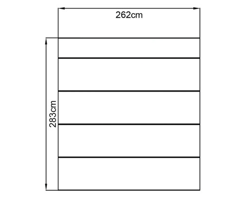 Technický nákres s rozměry: šířka 262 cm a výška 283 cm