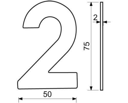 Obrázek rozměrů domovního čísla dvě s výškou 75 milimetrů, šířkou 50 milimetrů a hloubkou 2 milimetry.