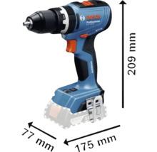 Akumulátorový vrtací šroubovák Bosch Professional o rozměrech 209 mm výška, 175 mm délka a 77 mm šířka.