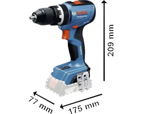 Akumulátorový vrtací šroubovák Bosch Professional o rozměrech 209 mm výška, 175 mm délka a 77 mm šířka.