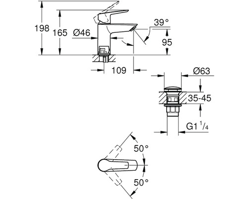Technický výkres umyvadlové baterie s rozměry