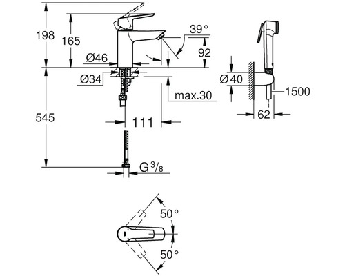 Technický nákres baterie s bidetovou sprškou a rozměry