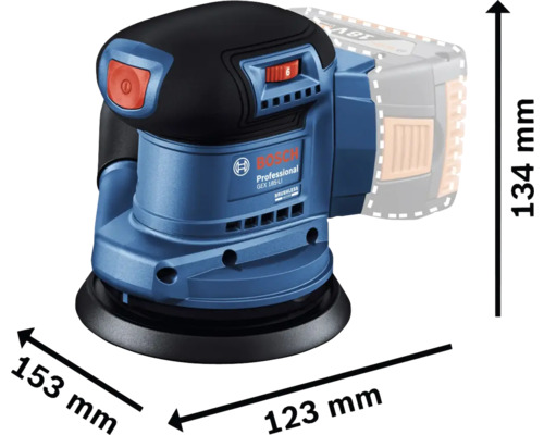 Akumulátorová excentrická bruska Bosch Professional GEX 185-LI s rozměry