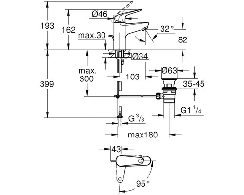 Technický nákres vodovodní baterie s rozměry