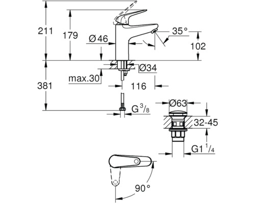 Technický výkres vodovodní baterie s rozměry