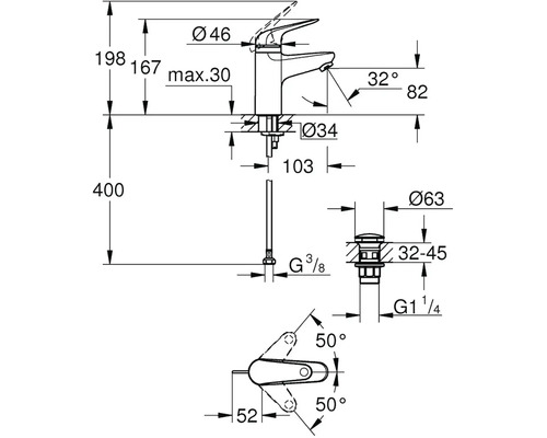 Rozměrový výkres vodovodní baterie s podrobnými rozměry