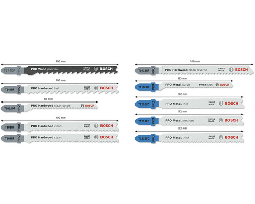 Obrázek různých pilových listů na dřevo a kov od společnosti Bosch