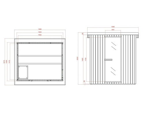 Nákres sauny s rozměry